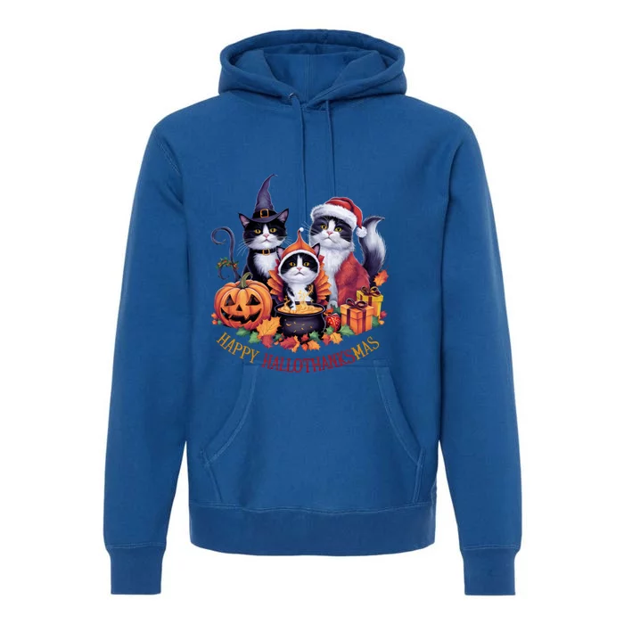 Cat Halloween Christmas Happy Hallothanksmas Thanksgiving Gift Premium Hoodie