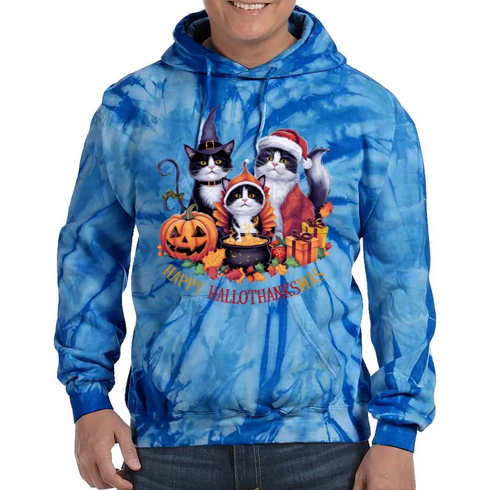 Cat Halloween Christmas Happy Hallothanksmas Thanksgiving Gift Tie Dye Hoodie