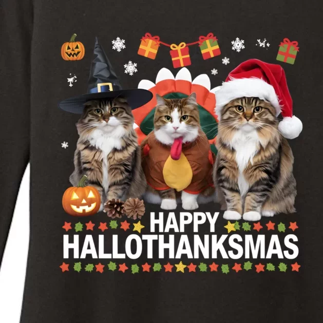 Cat Halloween Christmas Happy Hallothanksmas Thanksgiving Gift Womens CVC Long Sleeve Shirt