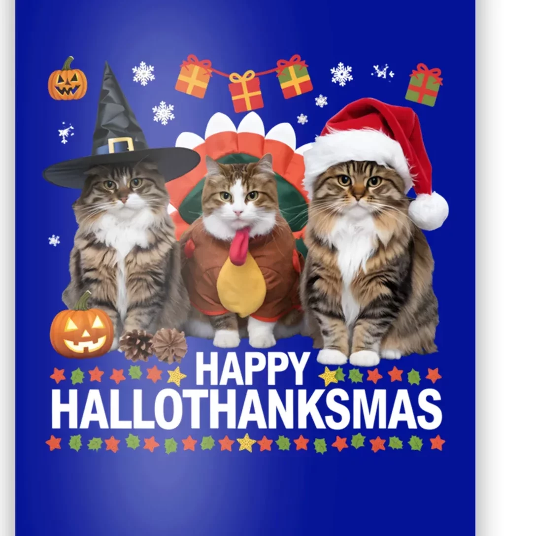 Cat Halloween Christmas Happy Hallothanksmas Thanksgiving Gift Poster