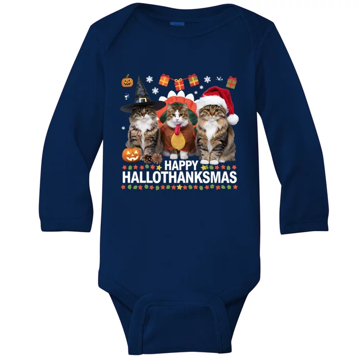 Cat Halloween Christmas Happy Hallothanksmas Thanksgiving Gift Baby Long Sleeve Bodysuit