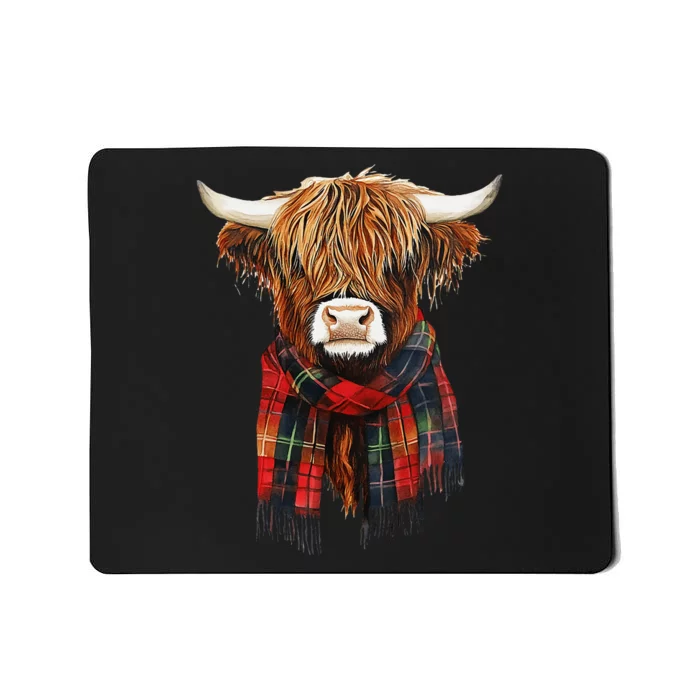 Cute Highland Cow Wearing Buffalo Plaid Scarf Farming Farmer Mousepad