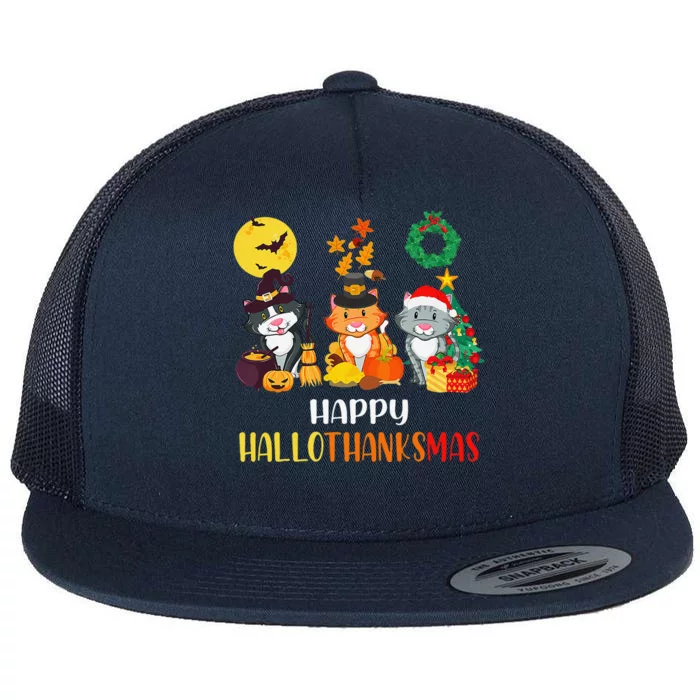 Cat Halloween Christmas Happy Hallothanksmas Thanksgiving Flat Bill Trucker Hat