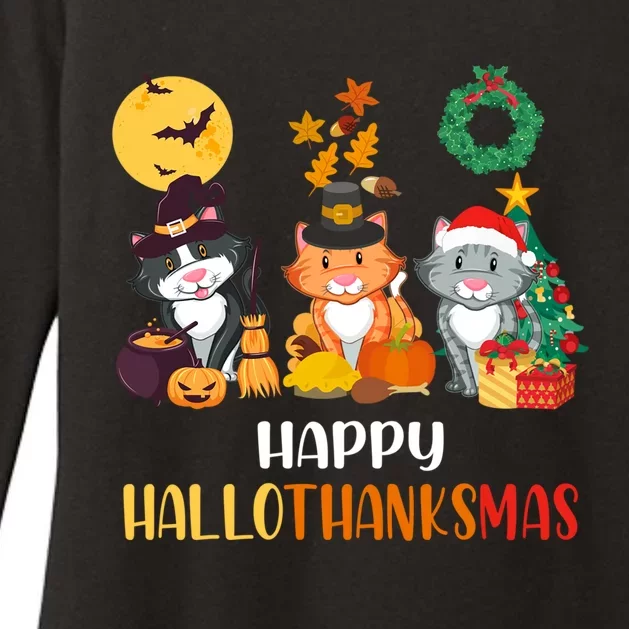 Cat Halloween Christmas Happy Hallothanksmas Thanksgiving Gift Womens CVC Long Sleeve Shirt