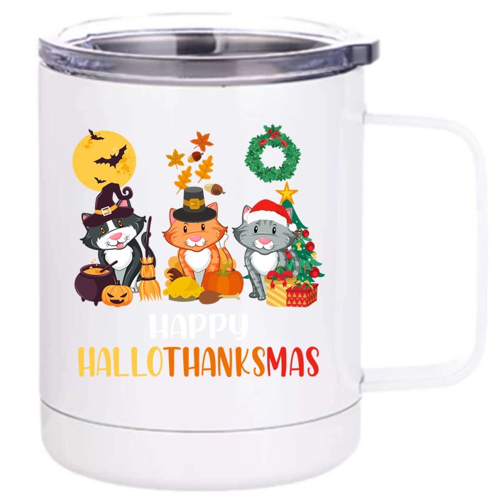 Cat Halloween Christmas Happy Hallothanksmas Thanksgiving Gift Front & Back 12oz Stainless Steel Tumbler Cup