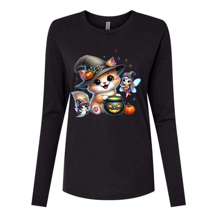 Cute Halloween Cat Fairy And Ghost Playful Witch Design Womens Cotton Relaxed Long Sleeve T-Shirt