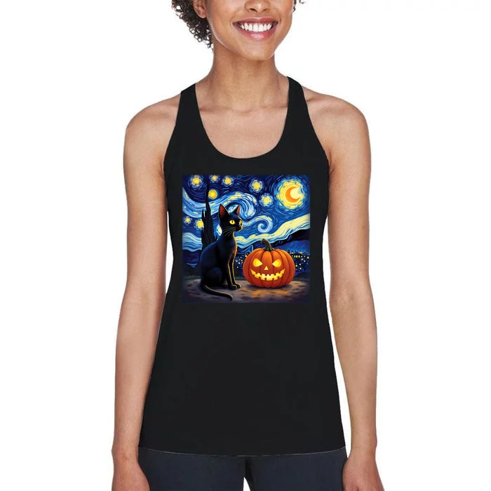 Cat Halloween Cat Lovers Starry Night Cat Van Gogh Women's Racerback Tank