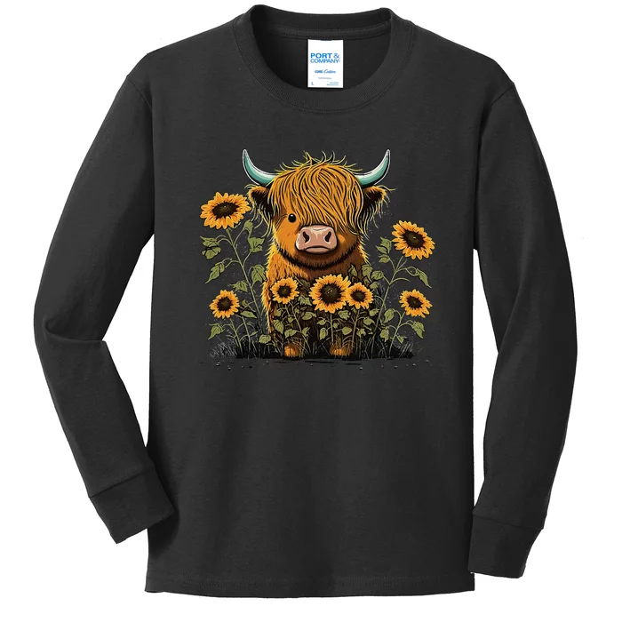 Cute Highland Cattle Cow Funny Highland Cow Kids Long Sleeve Shirt