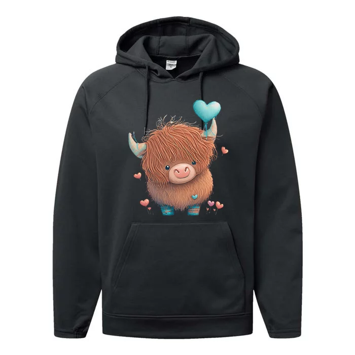 Cute Highland Cow Valentine's Day Farm Cow Lover Valentine Performance Fleece Hoodie