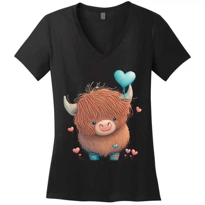 Cute Highland Cow Valentine's Day Farm Cow Lover Valentine Women's V-Neck T-Shirt