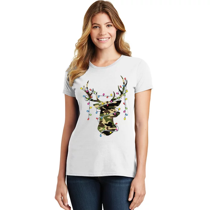 Christmas Holiday Camo Hunting Reindeer Deer Xmas Lights Women's T-Shirt