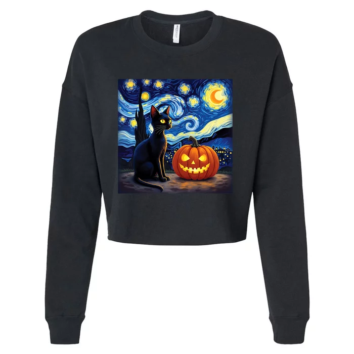 Cat Halloween Cat Lovers Starry Night Cat Van Gogh Cropped Pullover Crew