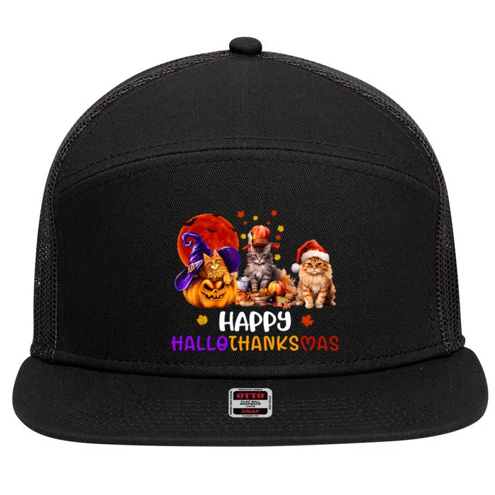 Cat Halloween Christmas Happy Hallothanksmas Thanksgiving 7 Panel Mesh Trucker Snapback Hat