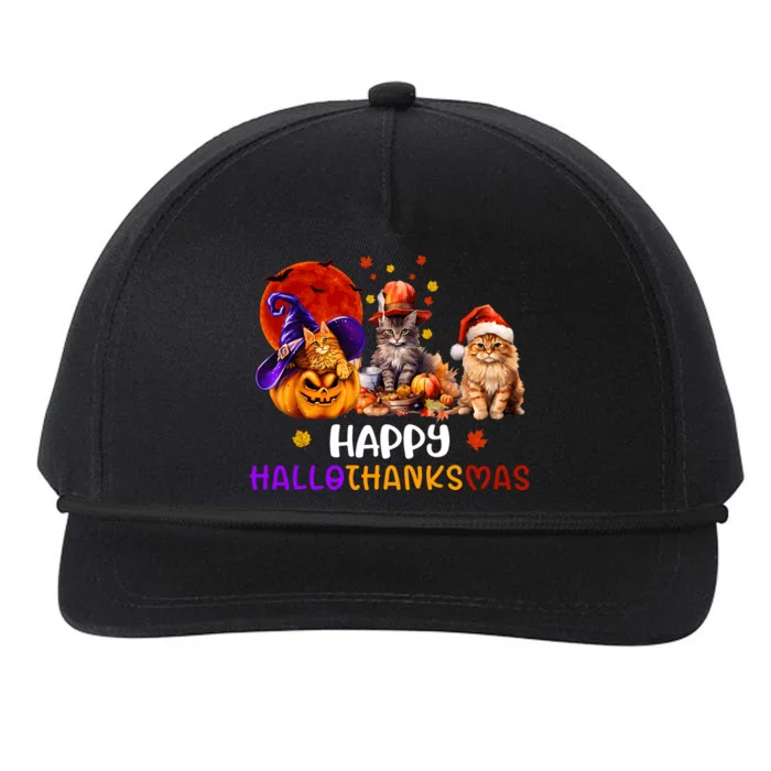 Cat Halloween Christmas Happy Hallothanksmas Thanksgiving Snapback Five-Panel Rope Hat