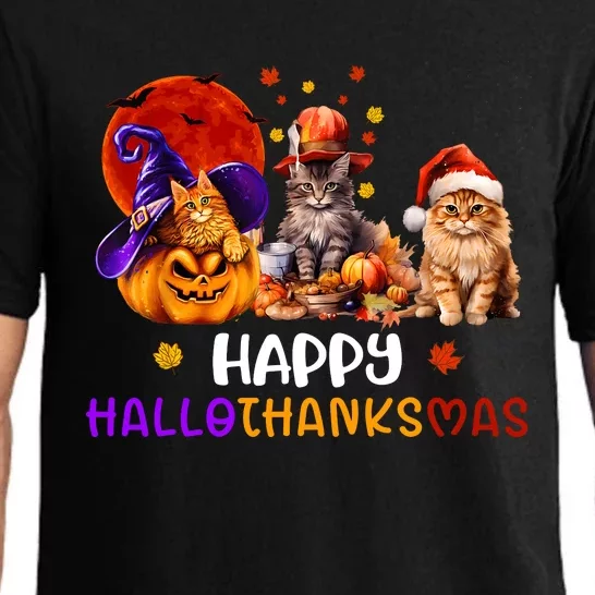 Cat Halloween Christmas Happy Hallothanksmas Thanksgiving Pajama Set