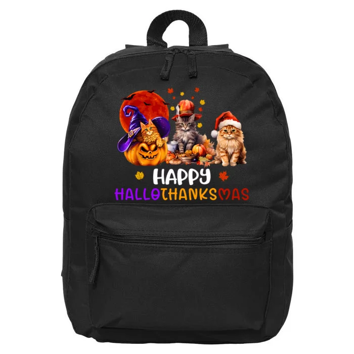 Cat Halloween Christmas Happy Hallothanksmas Thanksgiving 16 in Basic Backpack