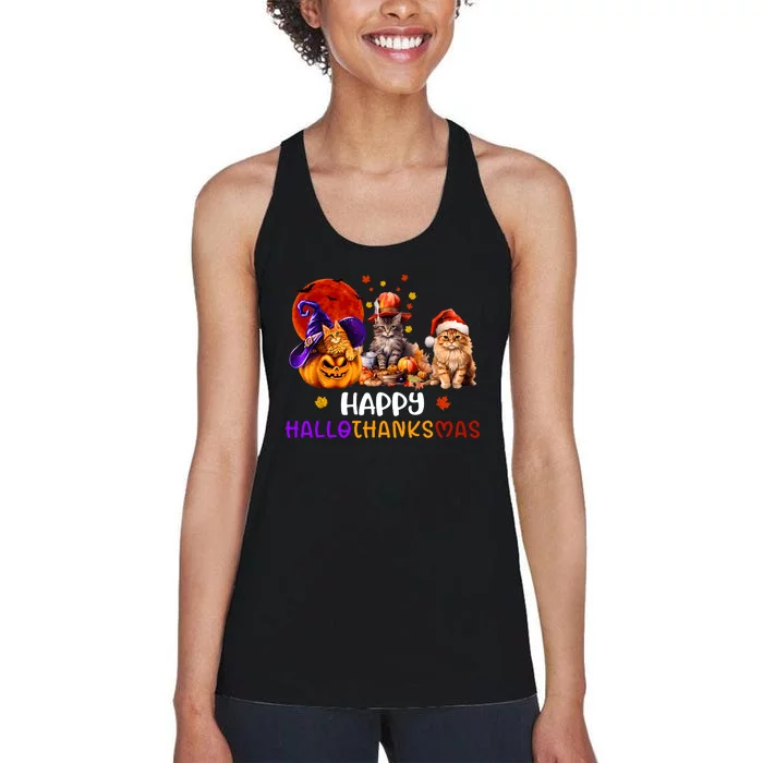 Cat Halloween Christmas Happy Hallothanksmas Thanksgiving Women's Racerback Tank