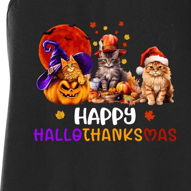 Cat Halloween Christmas Happy Hallothanksmas Thanksgiving Women's Racerback Tank