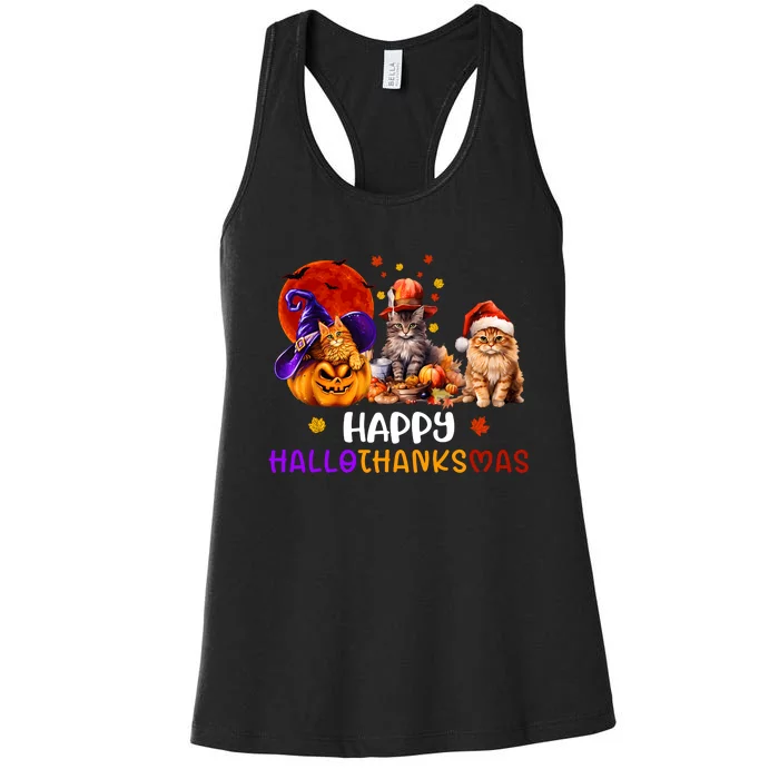 Cat Halloween Christmas Happy Hallothanksmas Thanksgiving Women's Racerback Tank