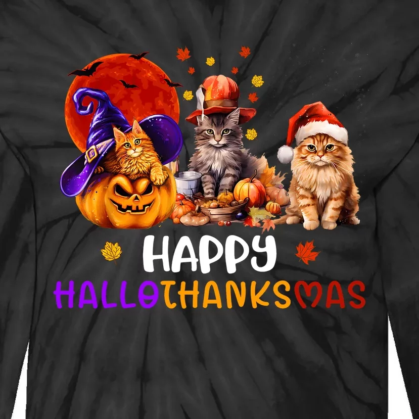 Cat Halloween Christmas Happy Hallothanksmas Thanksgiving Tie-Dye Long Sleeve Shirt