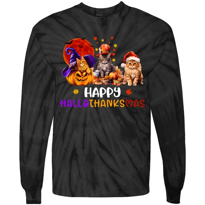 Cat Halloween Christmas Happy Hallothanksmas Thanksgiving Tie-Dye Long Sleeve Shirt