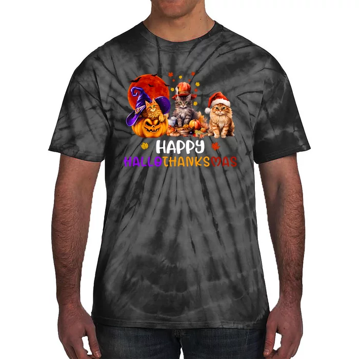 Cat Halloween Christmas Happy Hallothanksmas Thanksgiving Tie-Dye T-Shirt