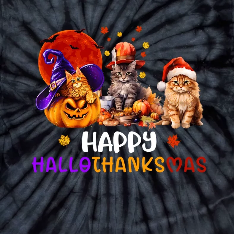 Cat Halloween Christmas Happy Hallothanksmas Thanksgiving Tie-Dye T-Shirt