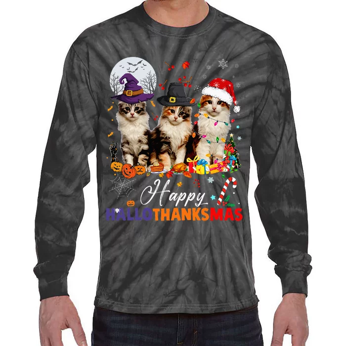 Cat Halloween Christmas Happy Hallothanksmas Thanksgiving Tie-Dye Long Sleeve Shirt