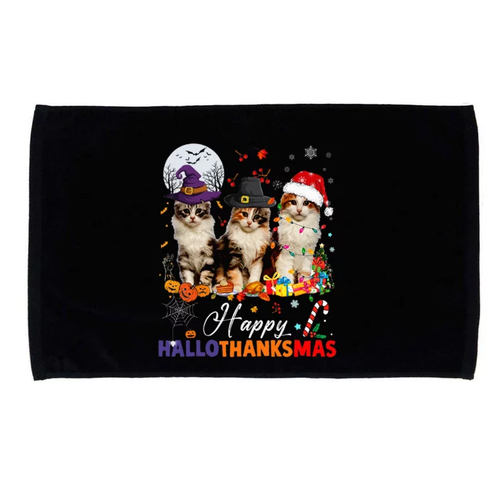 Cat Halloween Christmas Happy Hallothanksmas Thanksgiving Microfiber Hand Towel