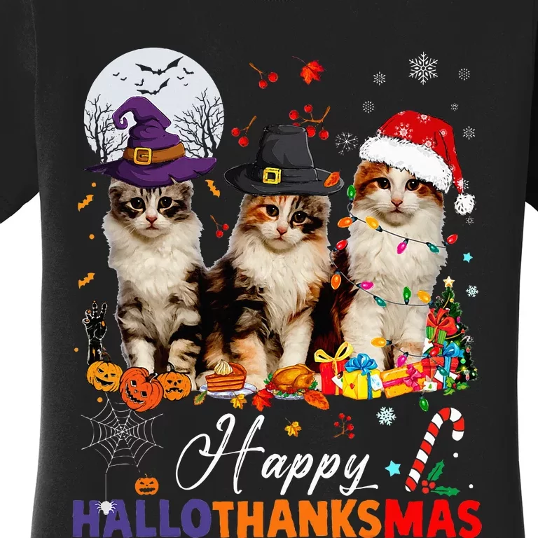 Cat Halloween Christmas Happy Hallothanksmas Thanksgiving Women's T-Shirt