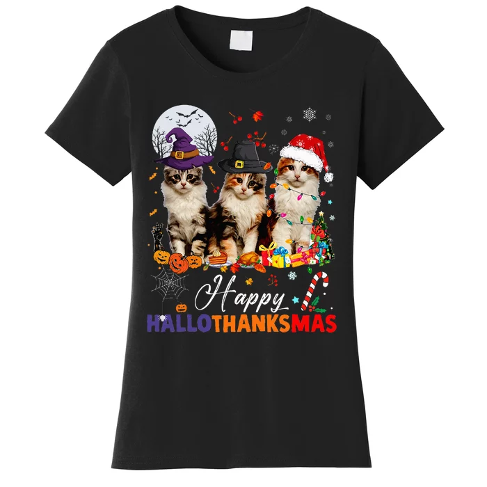 Cat Halloween Christmas Happy Hallothanksmas Thanksgiving Women's T-Shirt