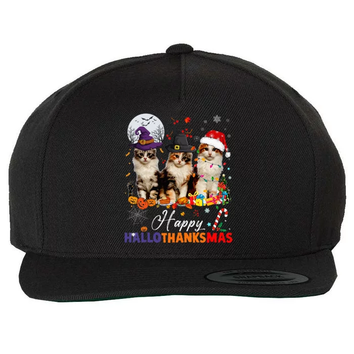 Cat Halloween Christmas Happy Hallothanksmas Thanksgiving Wool Snapback Cap