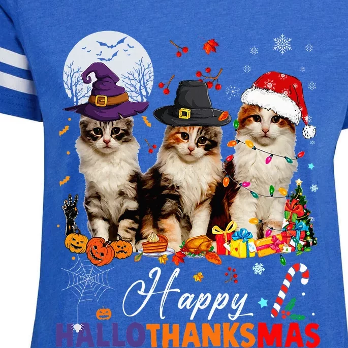 Cat Halloween Christmas Happy Hallothanksmas Thanksgiving Enza Ladies Jersey Football T-Shirt