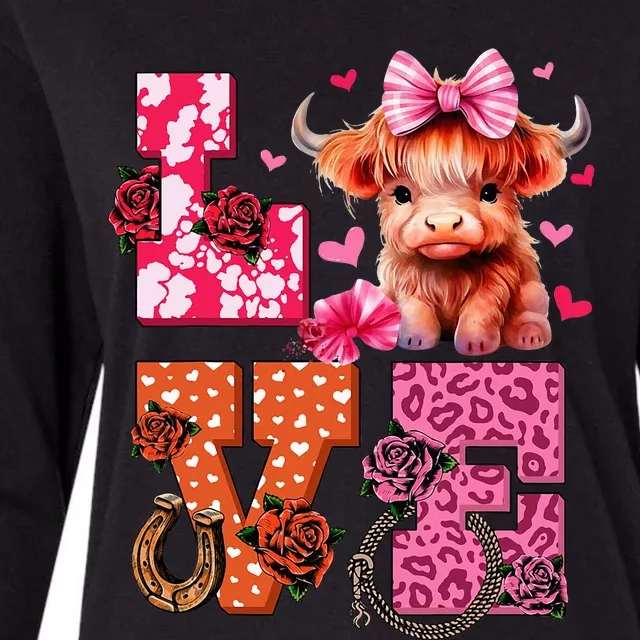 Cute Highland Cow And Pink Heart Valentines Day Love Leopard Womens Cotton Relaxed Long Sleeve T-Shirt