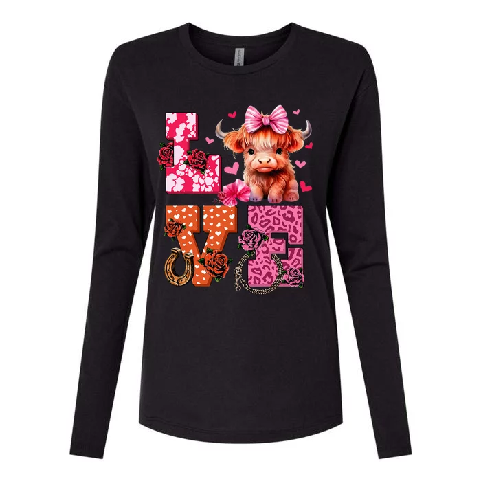 Cute Highland Cow And Pink Heart Valentines Day Love Leopard Womens Cotton Relaxed Long Sleeve T-Shirt