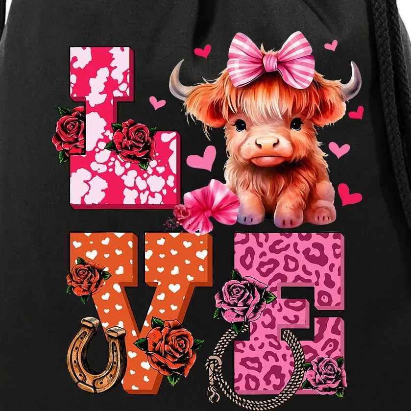 Cute Highland Cow And Pink Heart Valentines Day Love Leopard Drawstring Bag