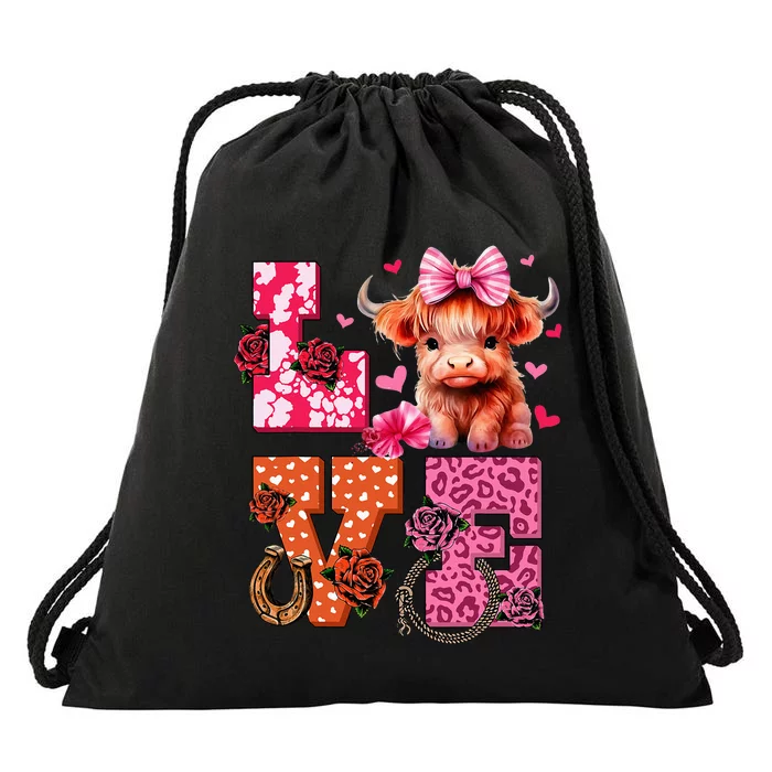 Cute Highland Cow And Pink Heart Valentines Day Love Leopard Drawstring Bag