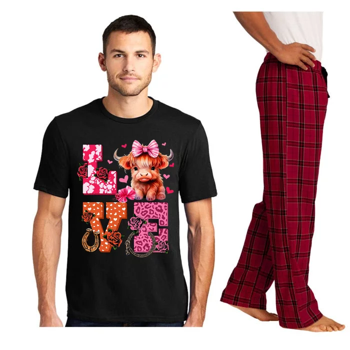 Cute Highland Cow And Pink Heart Valentines Day Love Leopard Pajama Set