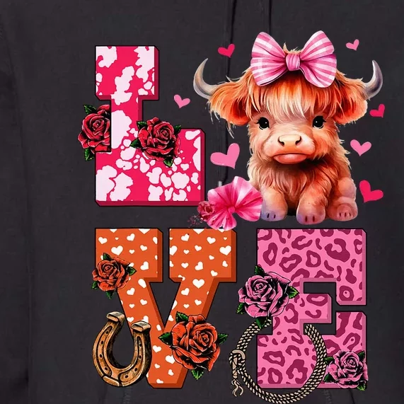 Cute Highland Cow And Pink Heart Valentines Day Love Leopard Premium Hoodie