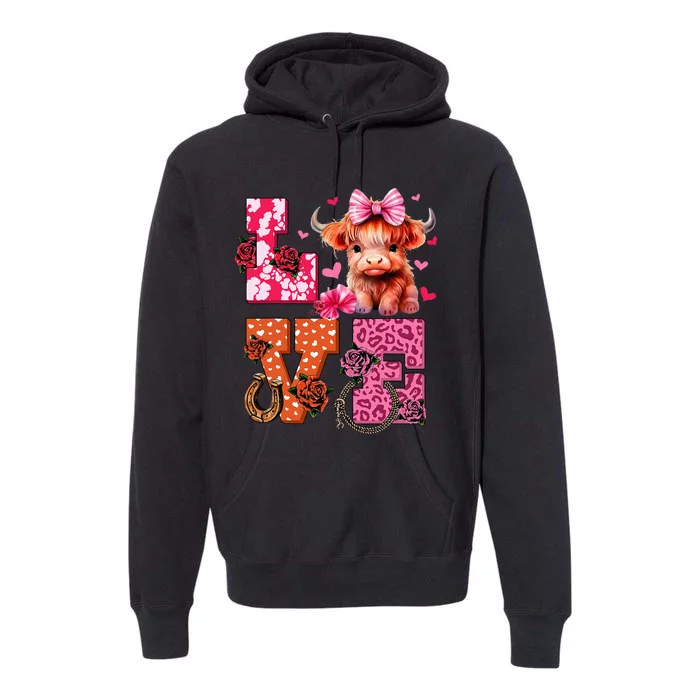 Cute Highland Cow And Pink Heart Valentines Day Love Leopard Premium Hoodie