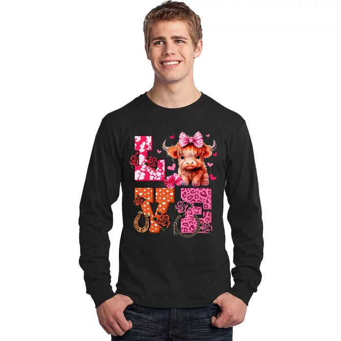 Cute Highland Cow And Pink Heart Valentines Day Love Leopard Tall Long Sleeve T-Shirt