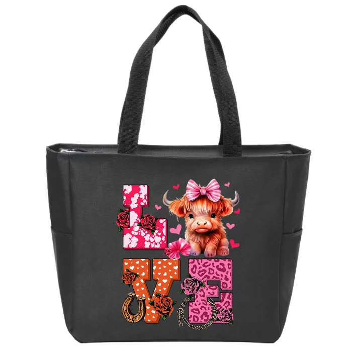 Cute Highland Cow And Pink Heart Valentines Day Love Leopard Zip Tote Bag