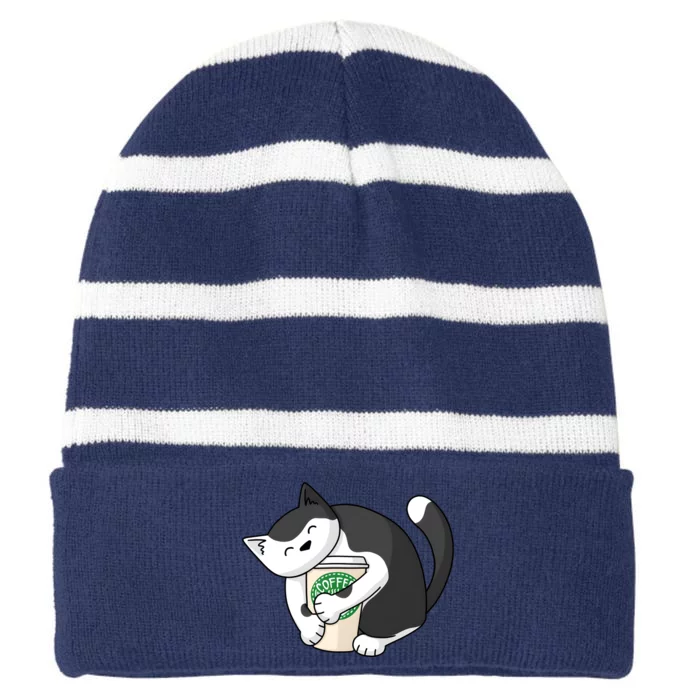 Coffee Hug Cat Coffee Lover Kitten Cute Pet Striped Beanie with Solid Band