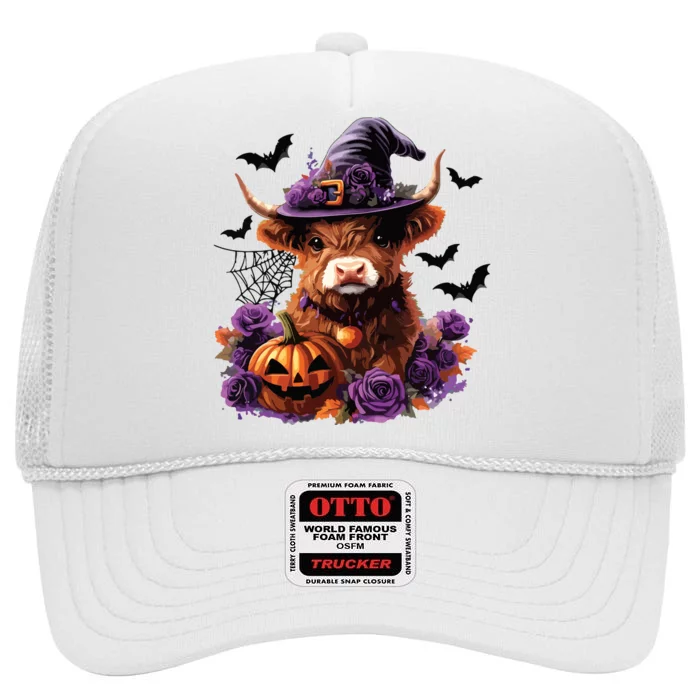 Cute Highland Cow Halloween Highland Cow Witch Cow Lover High Crown Mesh Trucker Hat