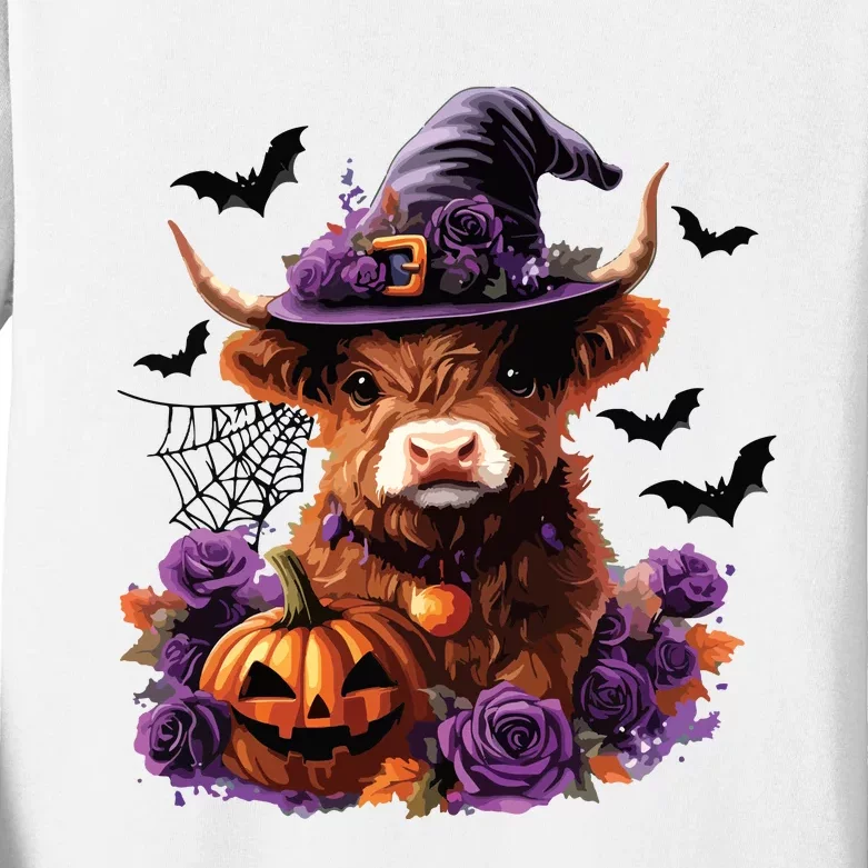 Cute Highland Cow Halloween Highland Cow Witch Cow Lover Kids Long Sleeve Shirt