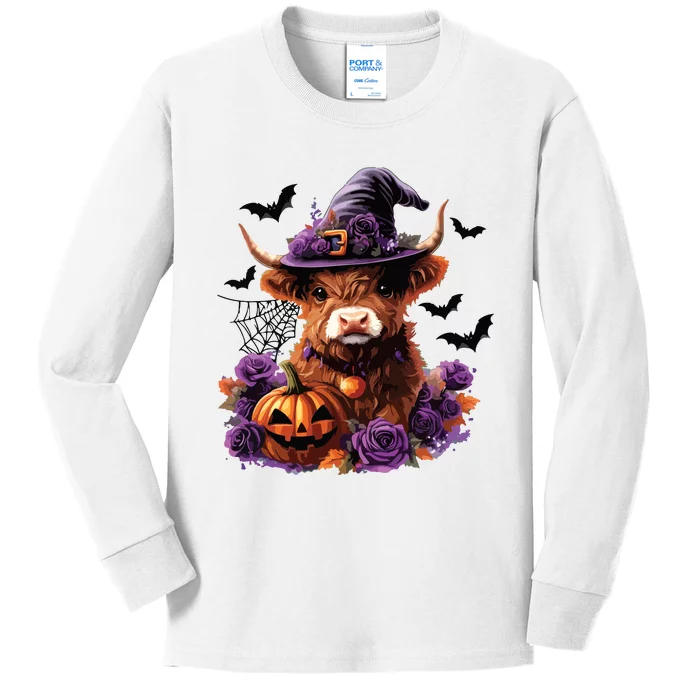 Cute Highland Cow Halloween Highland Cow Witch Cow Lover Kids Long Sleeve Shirt