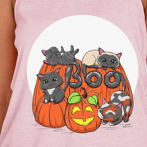 Cute Halloween Cats On Pumpkins Boo Funny Spooky Kawaii Women's Knotted Racerback Tank