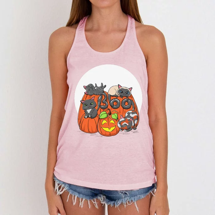 Cute Halloween Cats On Pumpkins Boo Funny Spooky Kawaii Women's Knotted Racerback Tank