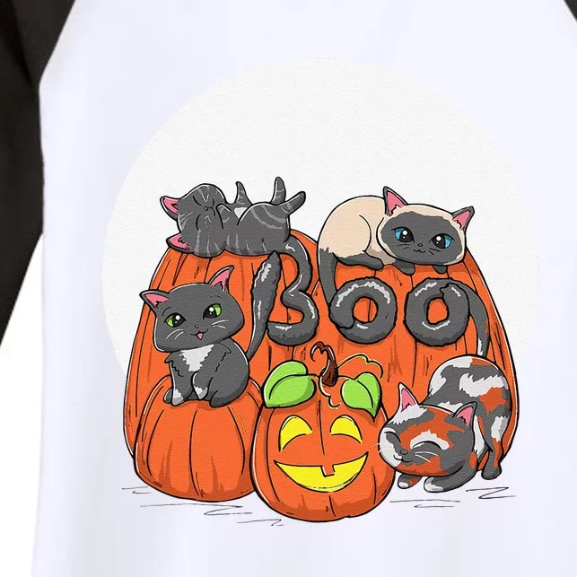 Cute Halloween Cats On Pumpkins Boo Funny Spooky Kawaii Women's Tri-Blend 3/4-Sleeve Raglan Shirt