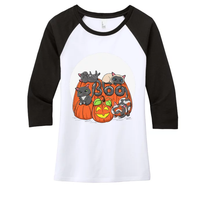 Cute Halloween Cats On Pumpkins Boo Funny Spooky Kawaii Women's Tri-Blend 3/4-Sleeve Raglan Shirt